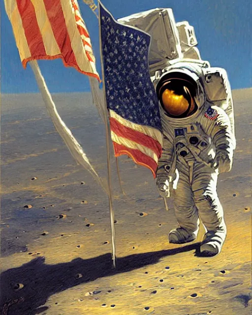 Image similar to handsome astronaut plants a flag on the moon, painting by gaston bussiere, craig mullins, j. c. leyendecker