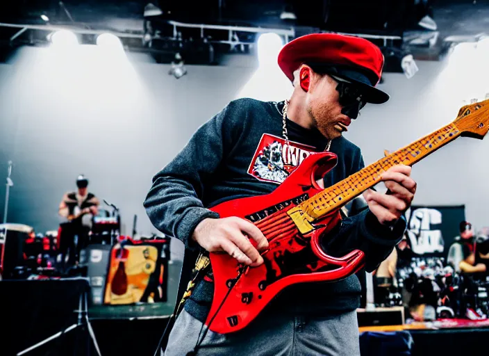 Image similar to photo still of mcgruff the crime dog on stage at vans warped tour!!!!!!!! at age 3 3 years old 3 3 years of age!!!!!!!! shredding on guitar, 8 k, 8 5 mm f 1. 8, studio lighting, rim light, right side key light