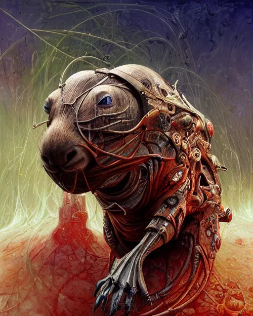 Prompt: bloody cyborg capybara, by antonio j. manzanedo, giger, alex grey, android jones, wayne barlowe, philippe druillet, raymond swanland, cyril rolando, josephine wall, harumi hironaka, trending on artstation