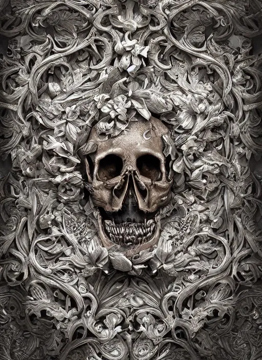 Image similar to hyper realistic photography of intricate baroque skull ornament relief leaves, cinematic, symmetric detailed, artstation, cgsociety