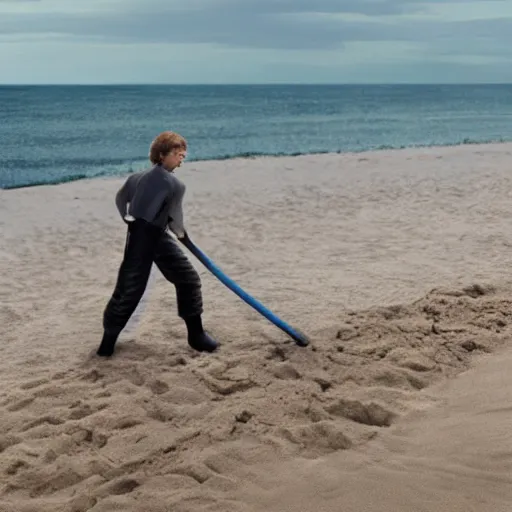 Image similar to anakin skywalker vacuuming the beach for sand, 4k, photorealistic,