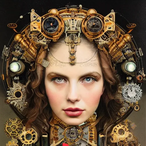 Prompt: Head and shoulders masterpiece portrait of Lana Rhoades as a steampunk beautiful goddess, she half human and half robot, she is embellished with few gears wheels and gemstones, by William Holman Hunt, Greg Rutkowski, Stanely Artgerm, Tooth Wu, Peter Gric, Aaron Horkey, trending on Artstation, digital art, mythological, symmetrical artwork, cinematic lighting, hyper realism, high detail, octane render, ultra realistic, golden ratio, 4k, 8k