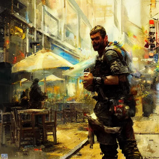 Image similar to a realistic hyperdetailed multi - colored digital oil full body portrait painting of a man playing warzone outside at a restaurant, beer in hand, in the style of guy denning, ruan jia, and craig mullins. trending on artstation and deviantart. cgsociety digital art.