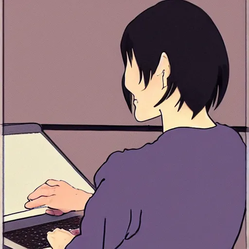 Image similar to tan-skinned guy with shoulder length black hair and long sleeves using a laptop, looking down, art by hayao miyazaki, studio ghibli film, twitter pfp