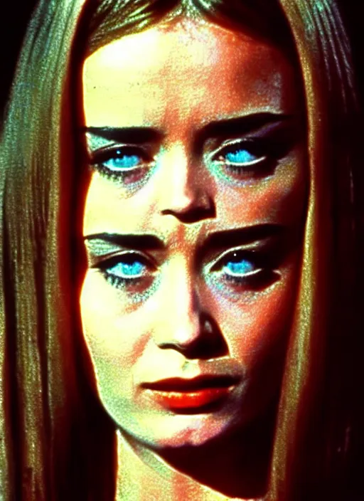 Image similar to 1973 film still from an Italian drama film of a bemused teenage Emily Blunt as the goddess of orange. staring intently at you. focused on her eyes. ultra detailed painting at 16K resolution and amazingly epic visuals. epically beautiful image. amazing effect, image looks gorgeously crisp as far as it's visual fidelity goes, absolutely outstanding. vivid clarity. ultra. iridescent. mind-breaking. mega-beautiful pencil shadowing. beautiful face. Ultra High Definition. godly shading. amazingly crisp sharpness. photorealistic film cel processed twice..