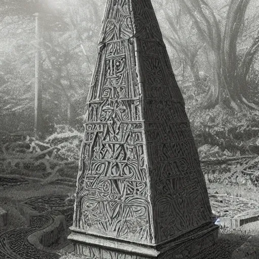 Prompt: stone obelisk, roots and plants growing on the obelisk, intricate detailed glowing engravings, D&D, Magic The Gathering, by Craig Mullins, ornate, ancient forest, volumetric lighting