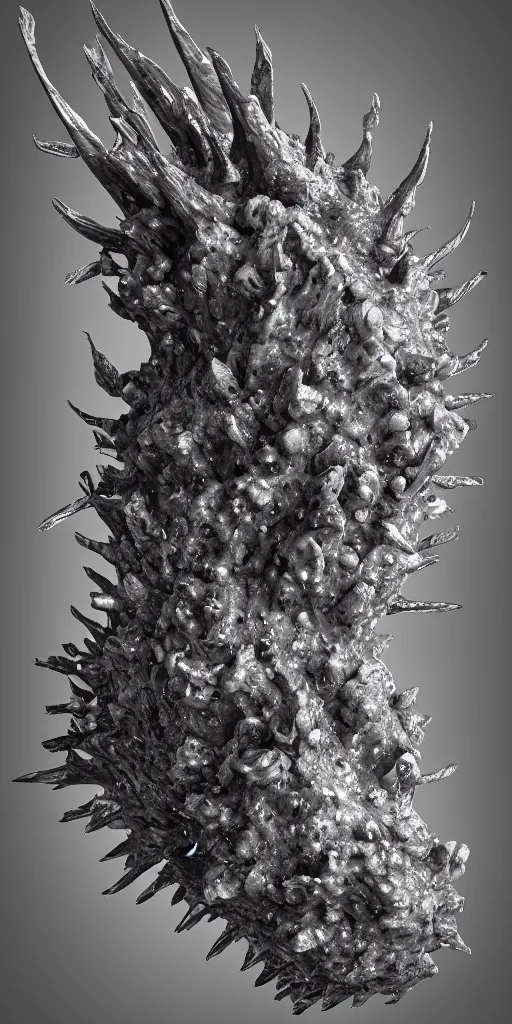 Image similar to a photorealistic render of a spiky mollusk, greyscale, made of melted plastic and marble, c 4 d, by zhelong xu and ernst haeckel, wide angle, hyper realistic, plain black background, 8 k, volumetric lightning, octane render