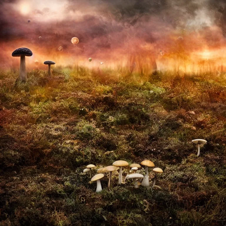 Image similar to a planet of various fungus, mushrooms and plants, inside the picture is infinity, sunset light, Atmospheric phenomenon, artistic photography, muted colors, conceptual, long exposure outside the city, volumetric light