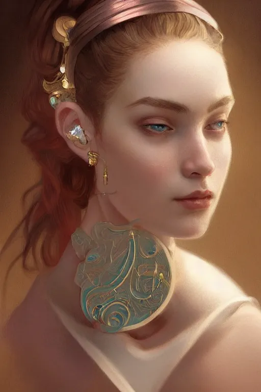 Image similar to pearl with a girl earring, intricate, elegant, highly detailed, digital painting, artstation, concept art, smooth, sharp focus, illustration, art by artgerm and greg rutkowski and alphonse mucha