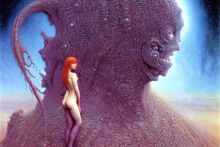 Image similar to cute young alyson hannigan with short hairs on lovecraftian planet by jean delville by luis royo and wayne barlowe, beksinski