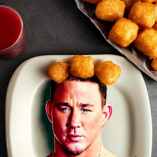 Prompt: food photo of channing tatum's face on top of giant tater tot on a plate with ketchup