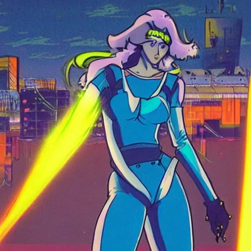 Image similar to 80s anime, dark neon city. laser gun battle on open space. futuristic cars lay in flames, destroyed robot dogs remains, beautiful girl in spandex suit holding large futuristic plasma rifle