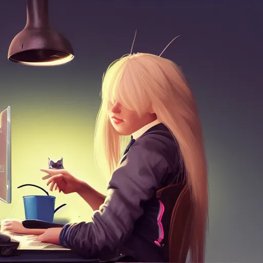 Prompt: Gamergirl with blond hair with cat on desk, hyperdetailed, artstation, cgsociety, 8k