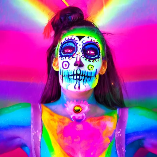 Image similar to Prismatic Spectrum Cosmic Magical Girl from the Rainbow Sky Paradise, tomorrowland, dia de muertos, lit by flashing pixel light, fully covered in colorful paint, glowing neon