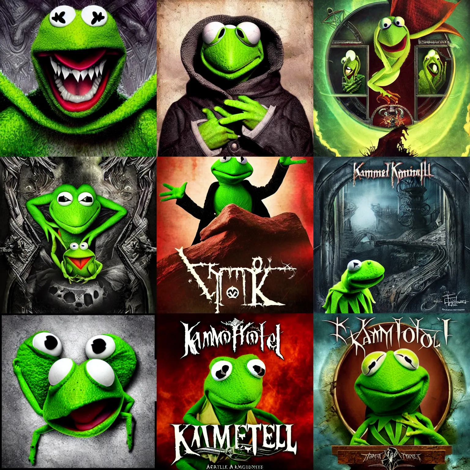 Prompt: kamelot album cover featuring kermit the frog, art by stefan heilemann, photoshop collage art, power metal album cover, fantasy, horror, gothic, trending on artstation