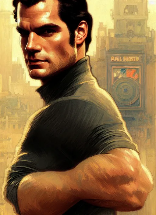 Image similar to portrait of henry cavill as james bond, casino, key art, sprinting, palm trees, highly detailed, digital painting, artstation, concept art, cinematic lighting, sharp focus, illustration, by gaston bussiere alphonse mucha