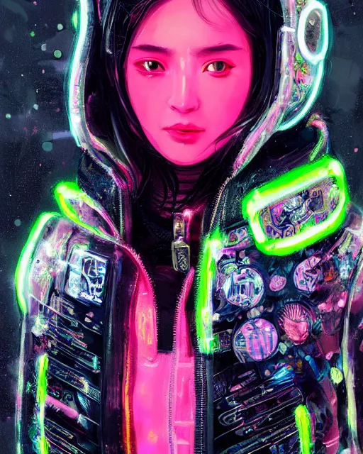 Prompt: detailed portrait Neon Operator Girl, cyberpunk futuristic neon, reflective puffer jacket, black leggings, decorated with traditional Japanese ornaments by Ismail inceoglu dragan bibin hans thoma !dream detailed portrait Neon Operator Girl, cyberpunk futuristic neon, reflective puffy coat, decorated with traditional Japanese ornaments by Ismail inceoglu dragan bibin hans thoma greg rutkowski Alexandros Pyromallis Nekro Rene Maritte Illustrated, Perfect face, fine details, realistic shaded, fine-face, pretty face