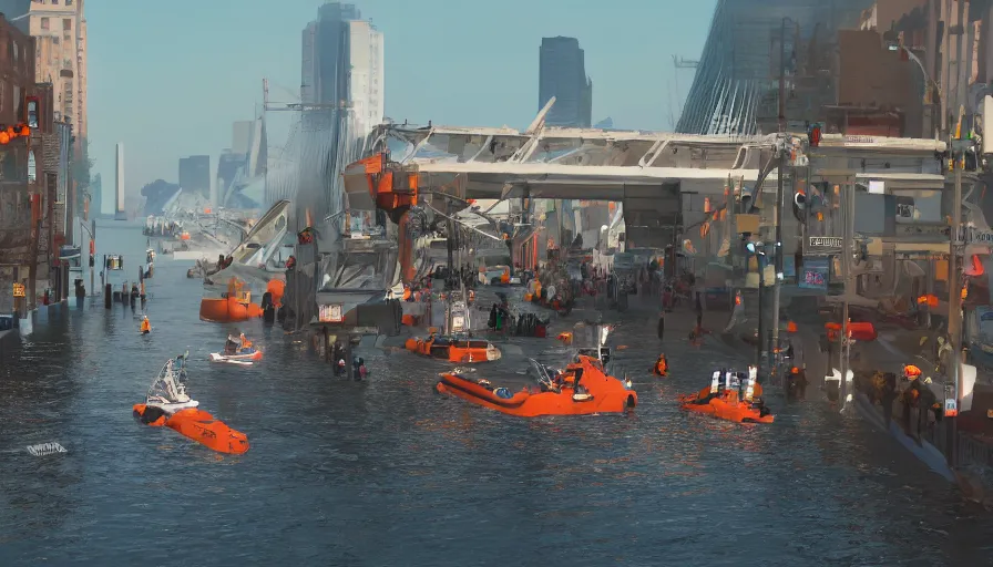 Prompt: lifeboat crossing washington dc streets after devastating tsunami, collapsed buildings in the water, rescuing people, sunny day, hyperdetailed, artstation, cgsociety, 8 k