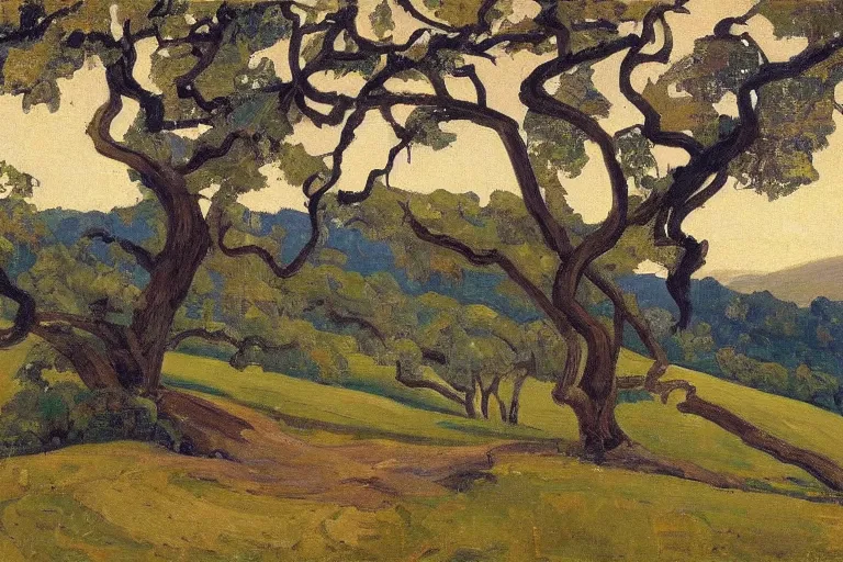 Prompt: masterpiece painting of oak trees on a hillside overlooking a creek, by harold gilman