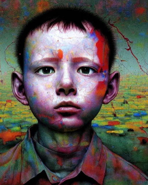 Prompt: 8k professional photo of an 8 years old boy standing in front of a computer from 90s monitor screen, Beksinski impasto painting, part by Adrian Ghenie and Gerhard Richter. art by Takato Yamamoto, masterpiece by Francis Bacon