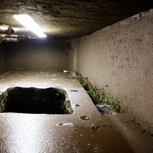 Image similar to deep underground bunker, flooded, dirty water, rusty pipes, cables