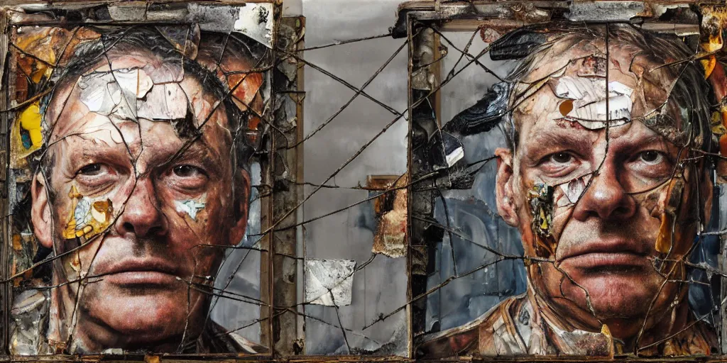 Image similar to a close up portrait a very ordinary middle-aged man with a sad expression, front angle, by Anselm Kiefer and Lucian Freud and Jenny Saville, oil painting, rust, Scaffolding, rusted metal and sunflowers, iron cladding, decay, mixed media, textured, anatomically correct, beautiful perfect face, visible brushstrokes, sharp focus, Highly Detailed, photographic emulsion peeling, Cinematic Lighting, 8k, HD