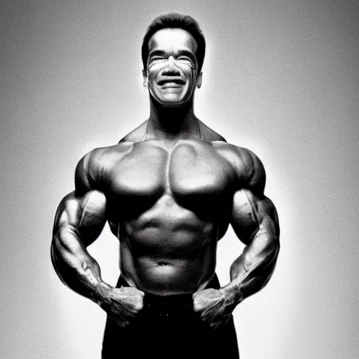 Prompt: arnold schwarzenegger with small arms, slim body, small legs, no muscles