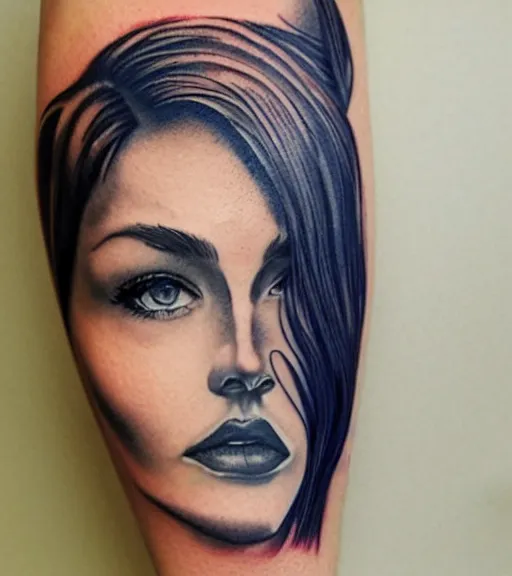 Image similar to tattoo design sketch of a beautiful blue - eyed woman face with a faded background of beautiful mountains and nature on her side, hyper - realistic, in the style of den yakovlev, amazing detail, black and white