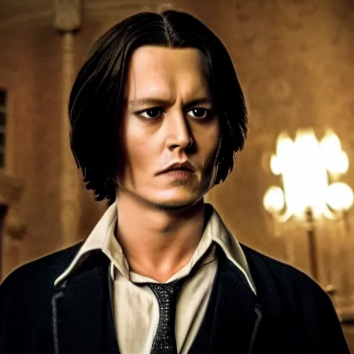 Image similar to Film Still of a Young Adult Johnny Depp playing Adult Tom Riddle in Harry Potter, Film Still, realistic, hyperrealistic, very realistic, very very realistic, highly detailed, very detailed, extremely detailed, detailed, detailed face, very detailed face, very detailed face, realism, HD Quality, 8k resolution, intricate details, body and head in frame, Real Life