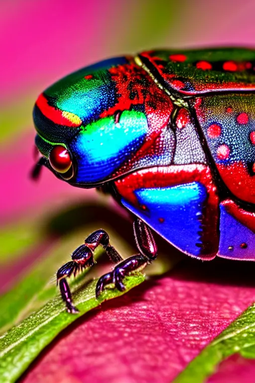 Image similar to high quality macro photo iridescent Red spotted jewel beetle! gorgeous highly detailed david ligare elson peter cinematic blue lighting high quality low angle hd 8k sharp shallow depth of field