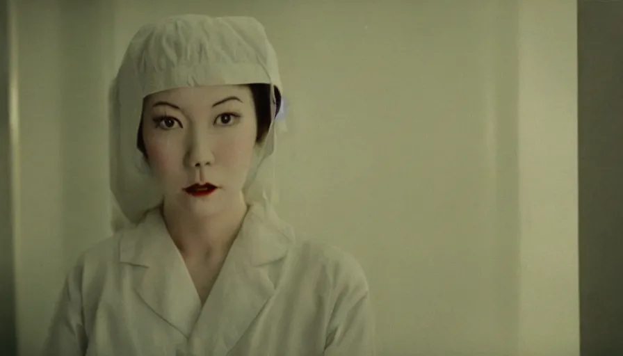 Image similar to 60s movie still of a white japanese female phantom bloody in an empty hospital with light yellow walls, eastmancolor, heavy grain, high quality, higly detailed, liminal space