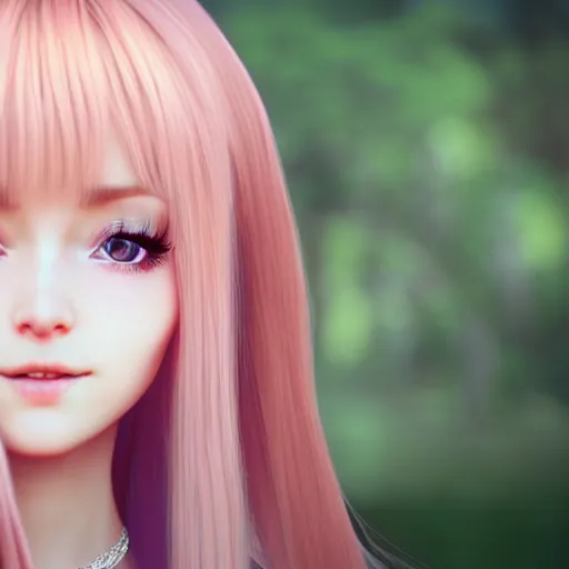 Prompt: beautiful intricate photograph of nikki from shining nikki dress - up game, a cute young woman, light pink hair, long hair with full bangs, full heart - shaped face, amber eye color, pale skin, light blush, chinese heritage,, smiling softly,, golden hour, soft focus, 8 k, hyperrealism, hyperdetailed