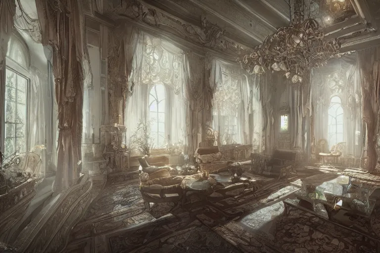 Image similar to a storybook illustration of inside a beautiful gorgeous mansion rooms, hyper realistic, ambient lighting, concept art, intricate, hyper detailed, smooth, dynamic volumetric lighting, octane, raytrace, cinematic, high quality, high resolution, 4 k