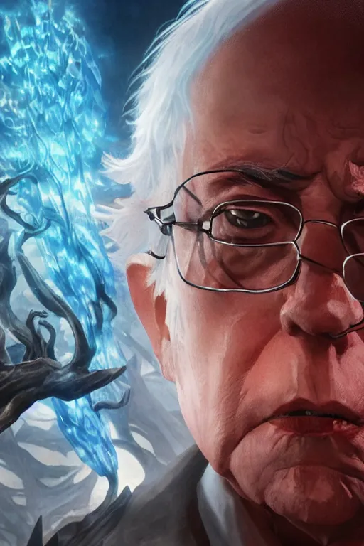 Image similar to an ultra detailed 3 d render of bernie sanders as an elden ring boss, epic anime fantasy, 8 k, in the style of a fantasy metal album cover and magic the gathering, volumetric lighting, smooth, highly detailed, digital illustration, octane render, art by albert bierstadt and greg rutkowsi, artstation