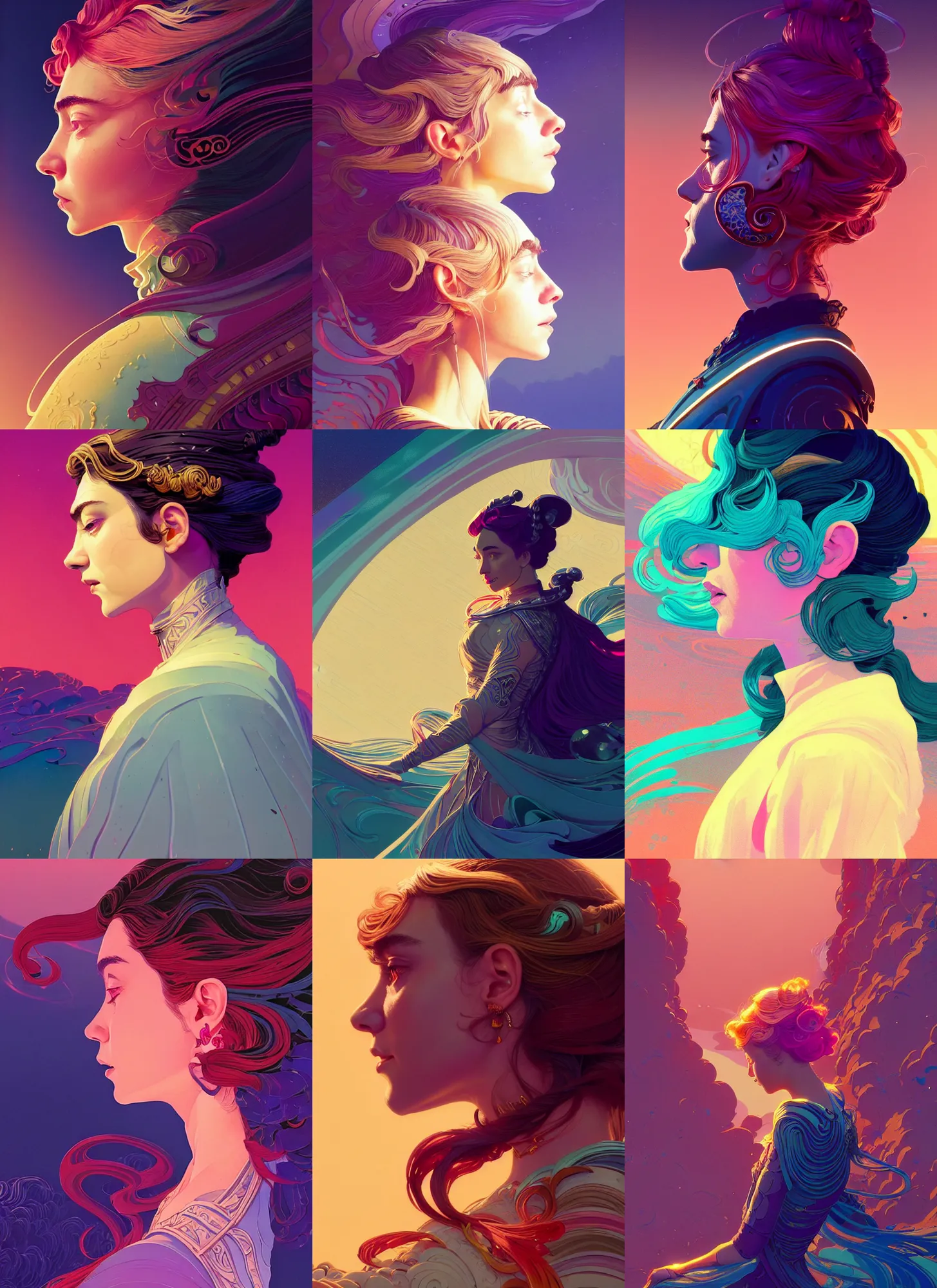 Prompt: side profile centered painted portrait, Imogen Poots as a Paladin, D&D, matte painting concept art, art nouveau, beautifully backlit, swirly vibrant color lines, fantastically gaudy, aesthetic octane render, 8K HD Resolution, by Victo Ngai and Kilian Eng and ilya kuvshinov and Cushart Krentz and Gilleard James