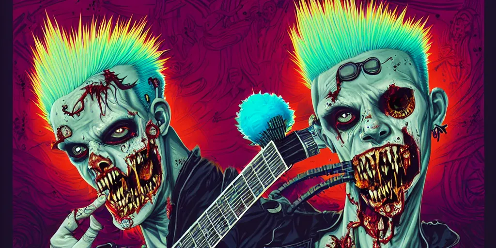 Image similar to a zombie punk rocker with a mohawk playing electric guitar, tristan eaton, victo ngai, artgerm, rhads, ross draws, rule of thirds by francis tneh