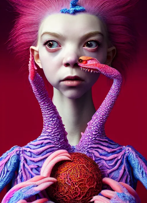 Image similar to hyper detailed 3d render like a Oil painting - kawaii portrait of two Aurora (a beautiful skeksis muppet fae princess protective playful expressive from dark crystal that looks like Anya Taylor-Joy) seen red carpet photoshoot in UVIVF posing in scaly dress to Eat of the Strangling network of yellowcake aerochrome and milky Fruit and His delicate Hands hold of gossamer polyp blossoms bring iridescent fungal flowers whose spores black the foolish stars by Jacek Yerka, Ilya Kuvshinov, Mariusz Lewandowski, Houdini algorithmic generative render, golen ratio, Abstract brush strokes, Masterpiece, Edward Hopper and James Gilleard, Zdzislaw Beksinski, Mark Ryden, Wolfgang Lettl, hints of Yayoi Kasuma and Dr. Seuss, octane render, 8k