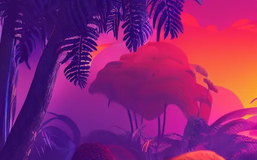 Image similar to a beautiful jungle, orange and purple color scheme, vivid color, vivid lighting, vaporwave, digital art, artstation, 4 k