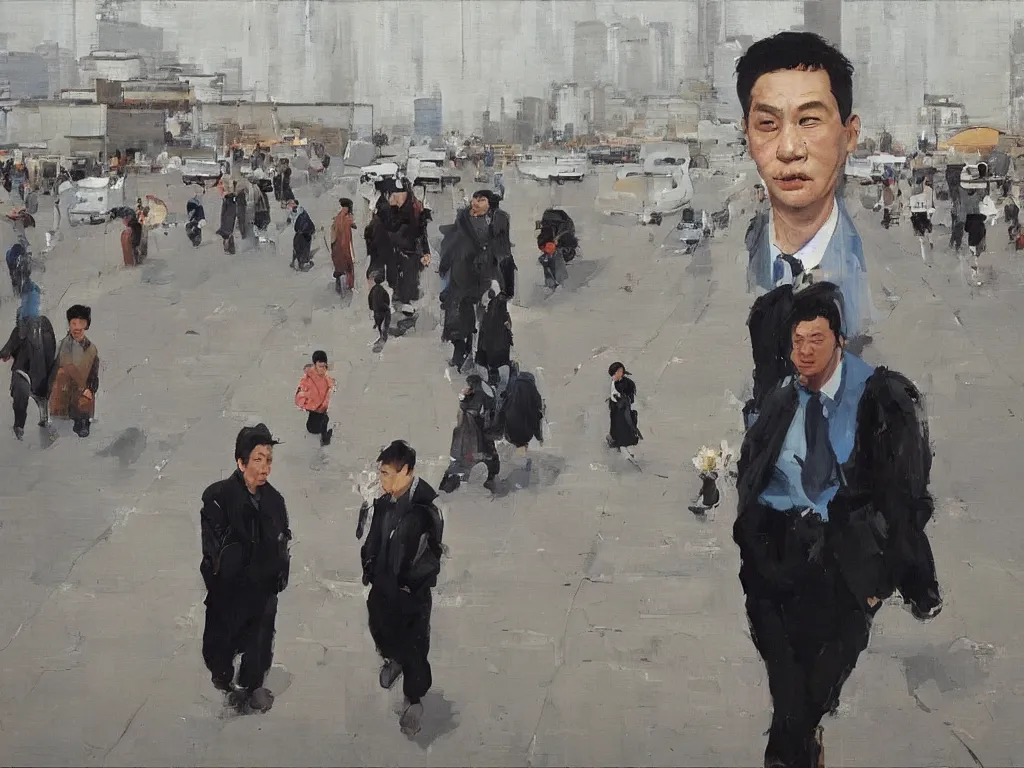 Prompt: ‘The Center of the World’ (Liu Xiaodong Neo-Realist oil painting, large brushstrokes) was filmed in Beijing in April 2013 depicting a white collar office worker. A man in his early thirties – the first single-child-generation in China. Representing a new image of an idealized urban successful booming China.