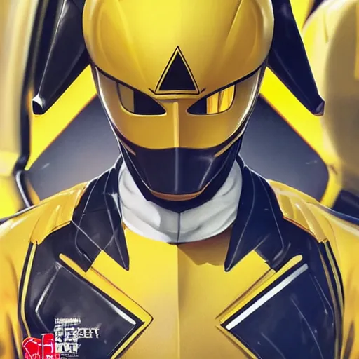 Prompt: symmetry!! yellow ranger, thunderbolt - helmet!!, artstation, art by murata, art by oda echiiro, art by tatsuki fujimoto, lightning helmet, 3 d, jumpsuit, gloves, futuristic poster,