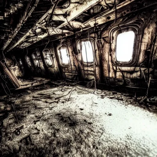 Image similar to inside of a rusty shipwreck, underwater, creepy, horror, eerie, scary,