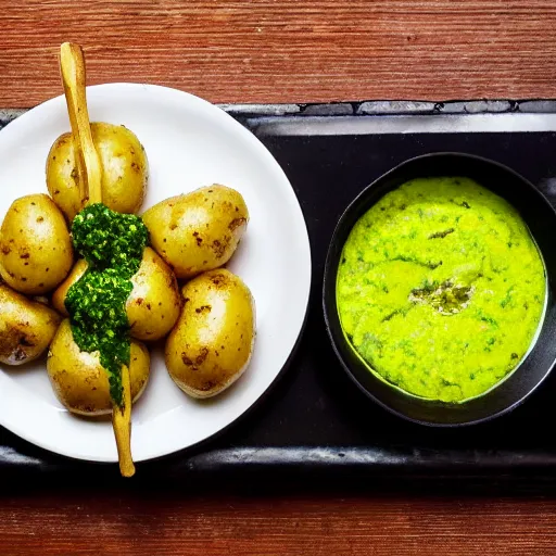 Prompt: dslr photograph of potatoes marinated in honey mustard sauce, pureed goat cheese dollops and chimichurri sauce, michelin starred restaurant, food photography