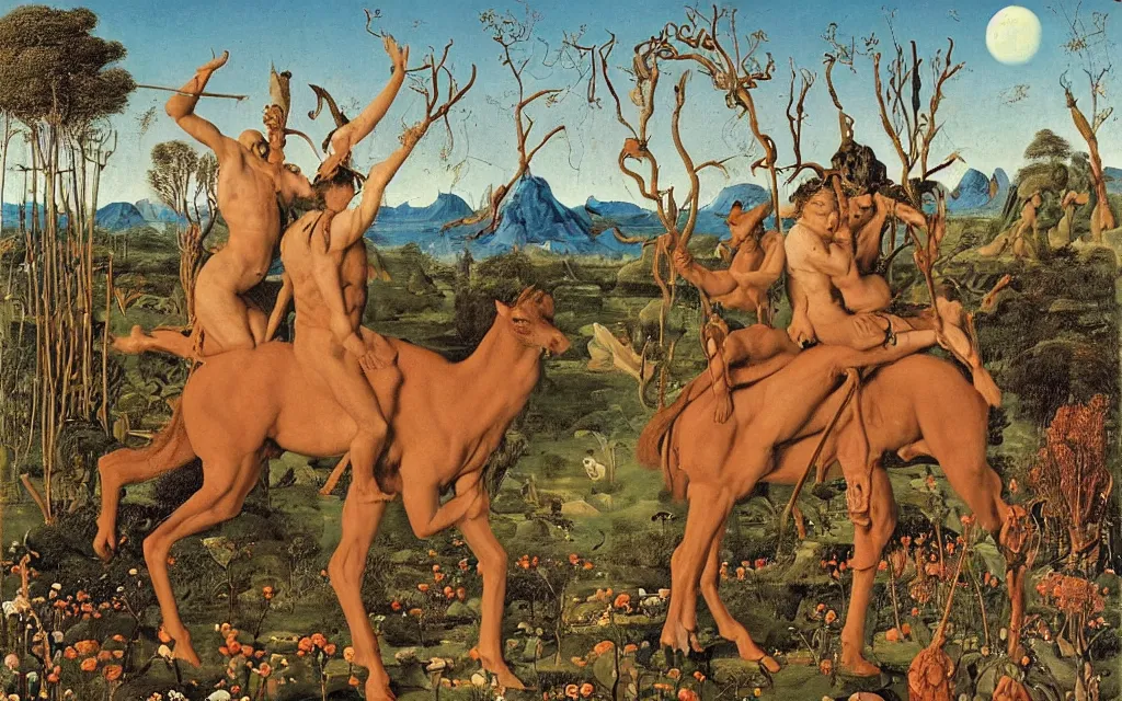 Image similar to a portrait photograph of a meditating satyr and a centaur monk riding a rocket machine and hunting at a river delta. surrounded by bulbous flowers and trees. mountain range under a blue sky of fiery stars. by jan van eyck, max ernst, ernst haeckel, ernst fuchs and artgerm, cgsociety, fashion editorial, 8 k