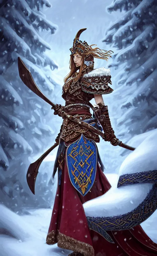 Image similar to azure viking warrior, regal, elegant, winter, snow, beautiful, stunning, hd, illustration, epic, d & d, fantasy, intricate, elegant, highly detailed, wide angle, digital painting, artstation, concept art, smooth, sharp focus, illustration, wallpaper, art by artgerm and greg rutkowski and alphonse mucha and jin xiaodi