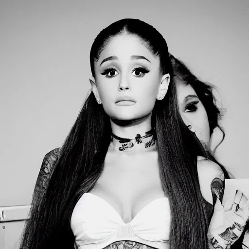 Image similar to ariana grande recursive photo beautiful ariana grande photo bw photography 130mm lens. ariana grande backstage photograph posing for magazine cover. award winning promotional photo. !!!!!COVERED IN TATTOOS!!!!! TATTED ARIANA GRANDE NECK TATTOOS. Elegant pose, outstretched arms
