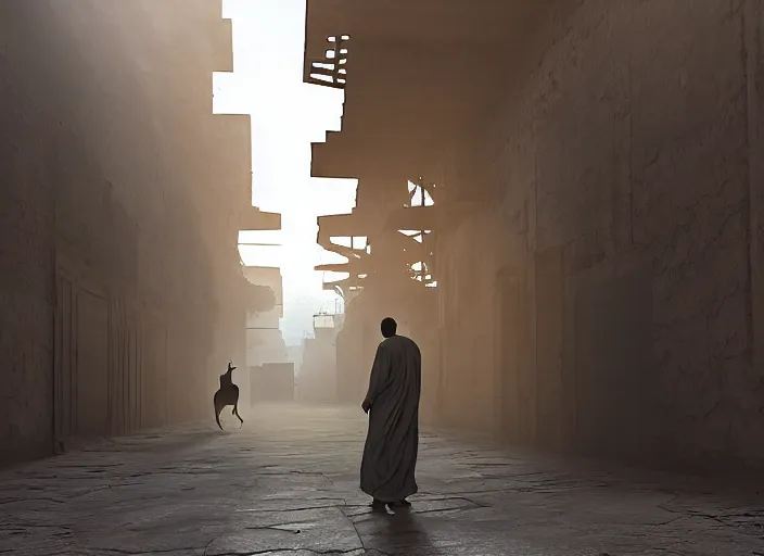 Prompt: old jeddah city alley, roshan, old shops, horse, magical gateway to another dimension, a man wearing a white robe standing watching over, sci - fi, dramatic lighting, dawn, by caspar david friedrich, unreal engine 5