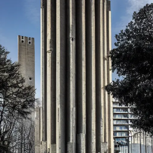 Image similar to a sci - fi beautiful brutalist monumental castle, with many towers sprouting from the base tower creating a complex and unique geometric building, photography