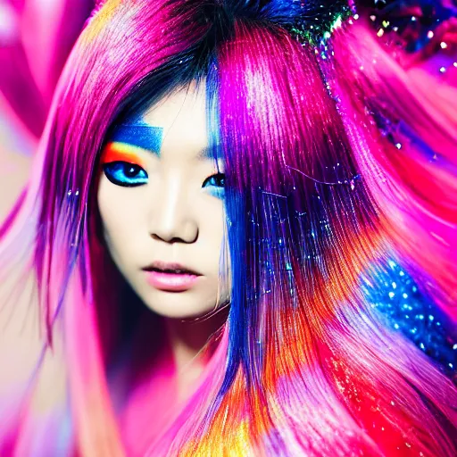 Image similar to japanese model with maximalist hair style and makeup, bright colors, fashion model, portrait shot, glitter, depth of field, 8 k, hyper detailed, intricate, trending on artstation