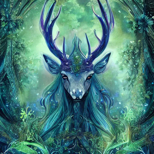 Image similar to beautiful elven celestial stag. beautiful highly detailed forest background. green and blue light. accurate, sci - fi concept art, intricate, elegant, trending on art station 8 k rendering.