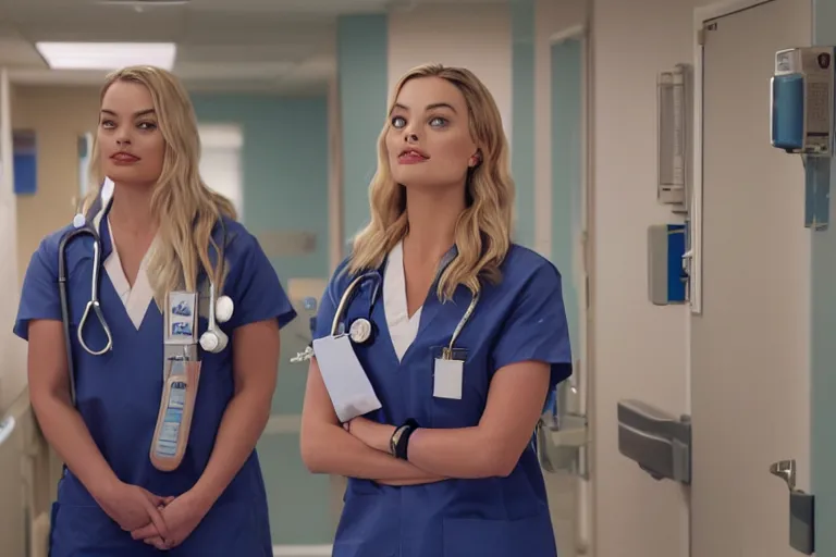 Prompt: margot robbie as a nurse in a hospital, thicc, detailed body, seductive eyes, wall lighting, healthcare setting